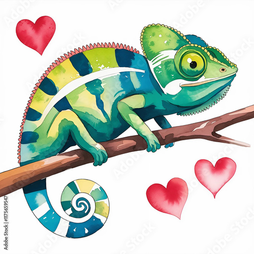 Cute chameleon Valentine Watercolor Clipart  illustration