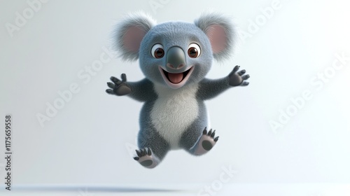 Cheerful 3D cartoon koala bear leaping joyfully.