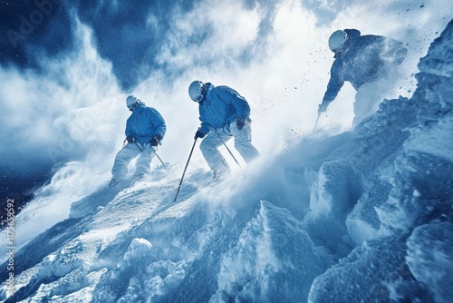 Rescuers navigate snowy mountains with gear and teamwork. Search and rescue operation Avalanche. AI generated image