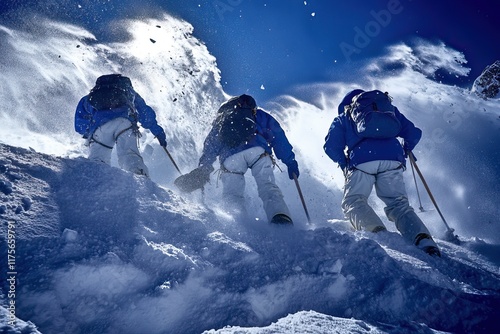Rescuers navigate snowy mountains with gear and teamwork. Search and rescue operation Avalanche. AI generated image