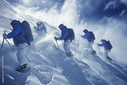 Rescuers navigate snowy mountains with gear and teamwork. Search and rescue operation Avalanche. AI generated image