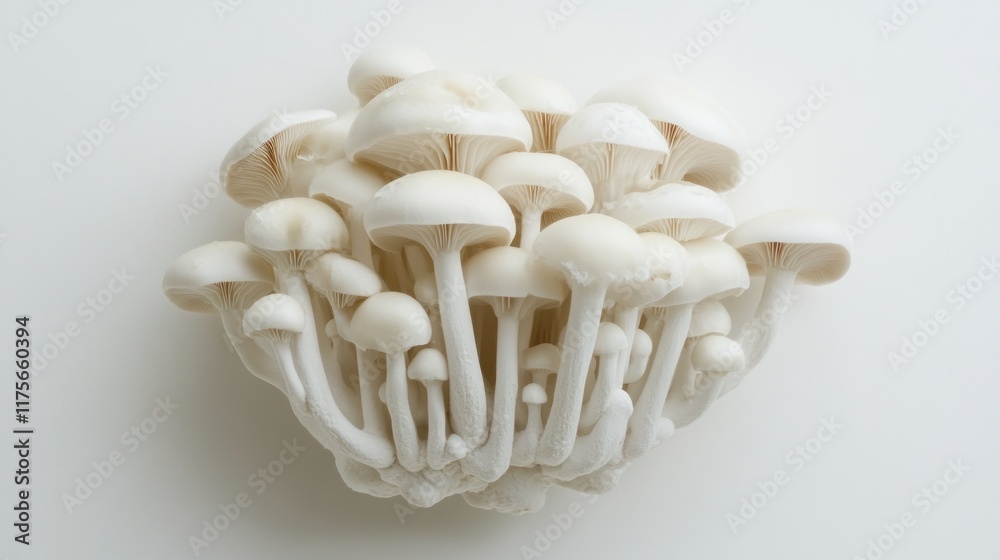Close-up of a cluster of fresh, white mushrooms on a white background. Close-up of a cluster of fresh, white mushrooms on a white background.