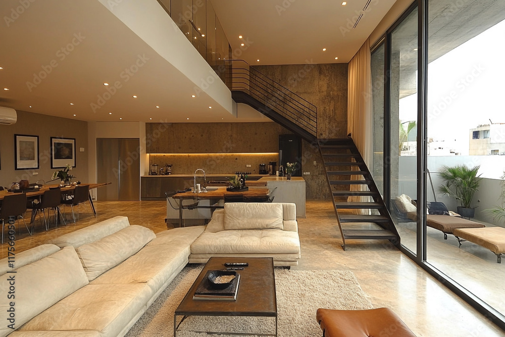 Obraz premium Modern Loft Apartment Interior Design With Open Floor Plan