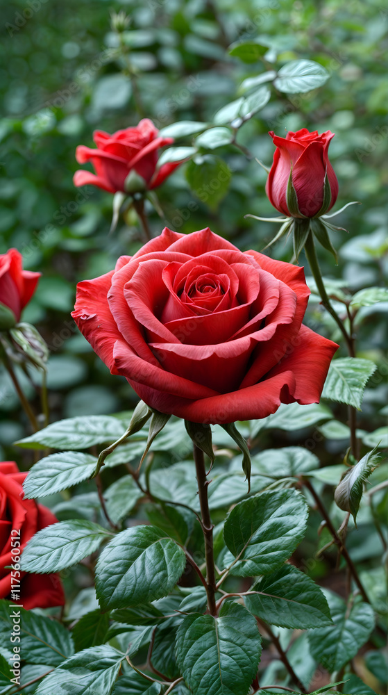 Close-Up of a Vibrant Red Rose in Full Bloom with Buds in a Lush Green Garden