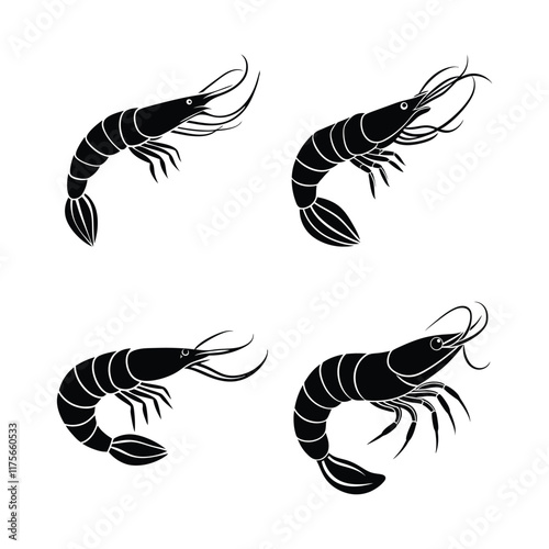 set of Shrimp Sihouette vector icon. Sea food logo, sign, symbol. Sea Caridea animal.