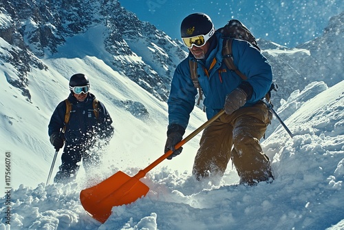 Rescuers navigate snowy mountains with gear and teamwork. Search and rescue operation Avalanche. AI generated image