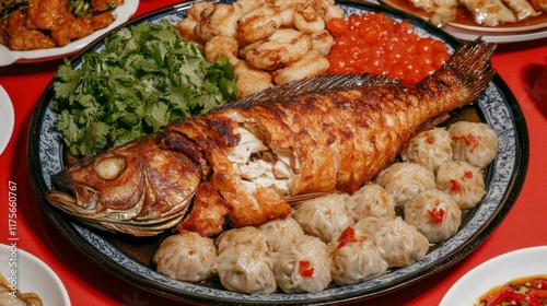 Delicious Asian Seafood Platter with Fish Dumplings and Greens photo