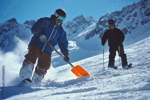 Rescuers navigate snowy mountains with gear and teamwork. Search and rescue operation Avalanche. AI generated image