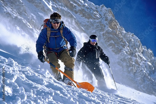 Rescuers navigate snowy mountains with gear and teamwork. Search and rescue operation Avalanche. AI generated image