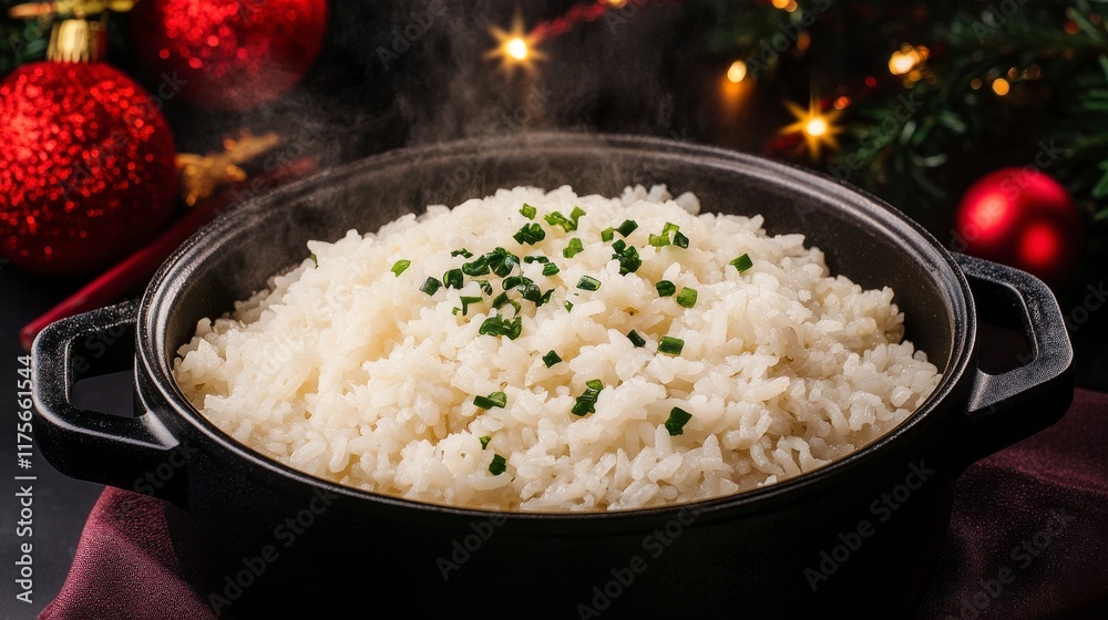 Steaming Bowl of White Rice with Chopped Green Onions