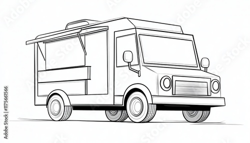 A simple line art drawing of a food truck. Ideal for coloring activities, logo design, or illustrating food truck businesses.