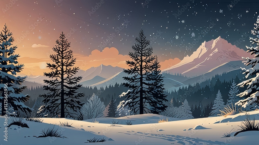 Obraz premium Winter background. Vector illustrations of landscape, winter trees, snowflake, spruce, fir, oak, bush, branches and fox for poster, cover or card