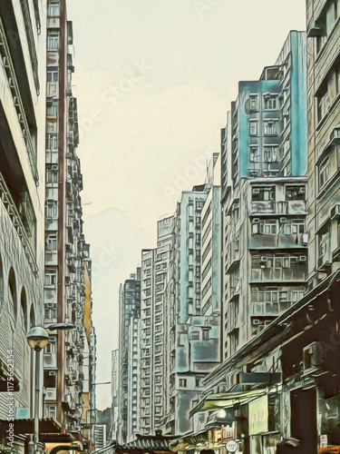 A pen and wash illustration featuring a sky view between buildings in the city.