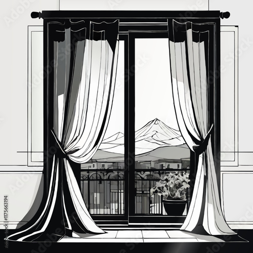 window with curtains, balcony and landscape view, illustration vector