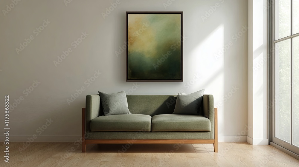 A green couch sits in a minimalist living room, complemented by a muted-toned landscape painting. Sunlight streams in from a nearby window. A green couch sits in a minimalist living room, complemented by a muted-toned landscape painting. Sunlight streams in from a nearby window.