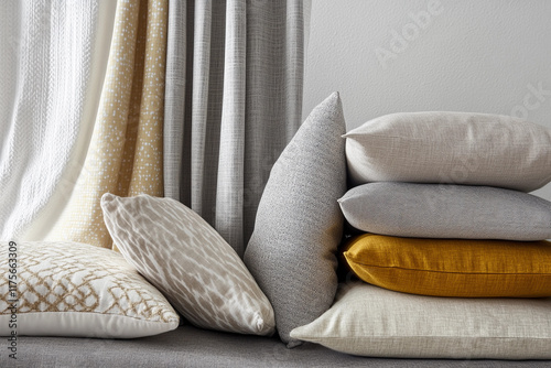 Decorative pillows and elegant curtains adorn a cozy living space highlighting modern interior design elements