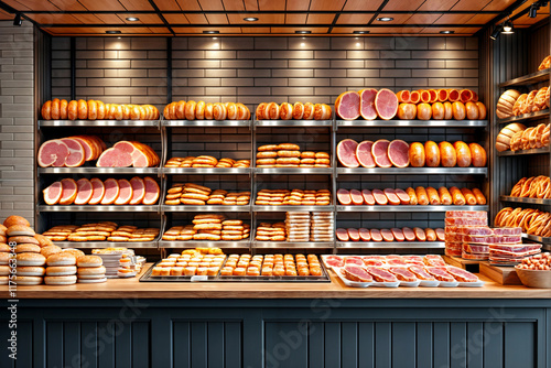 Ham store. Display case with ham in the store