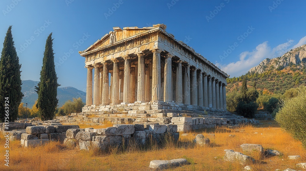 Fototapeta premium Ancient Greek temple with majestic marble columns, adjacent amphitheater, serene olive grove in the backdrop