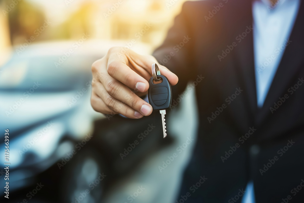 Man hand holding car keys in focus with blurry vehicle background Man hand holding car keys in focus with blurry vehicle background