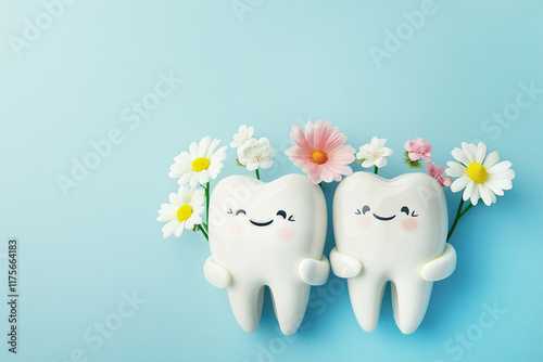 Two cartoon funny teeth, holding flowers in their hands, wishing a Happy Dentist`s Day.