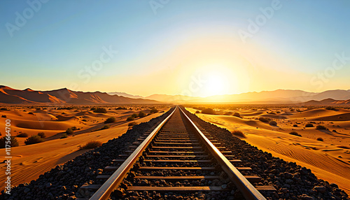 Sunset over railway tracks in a desert landscape, serene pathway through the prairies