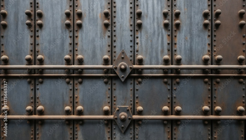 Faded steel rivets arranged in symmetrical patterns with a gritty, smoky industrial backdrop Faded steel rivets arranged in symmetrical patterns with a gritty, smoky industrial backdrop