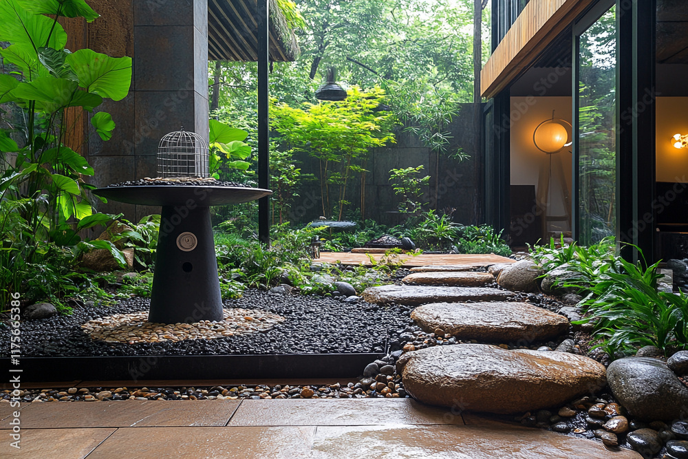 Tranquil Zen Garden with Stone Path and Fire Pit Tranquil Zen Garden with Stone Path and Fire Pit