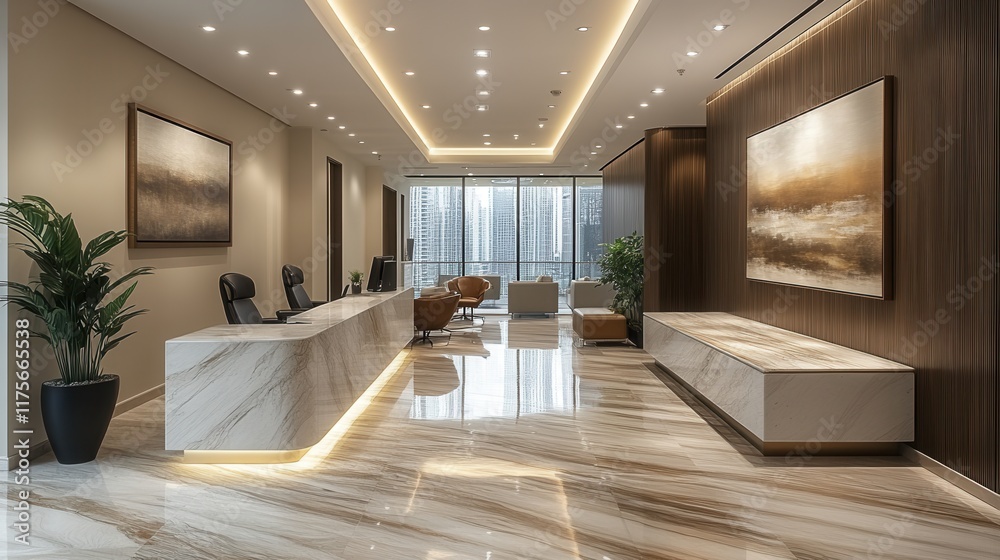 Fototapeta premium Elegant law firm reception, sleek desks, framed artwork, professional consultations, inviting atmosphere, modern design, sophisticated ambiance