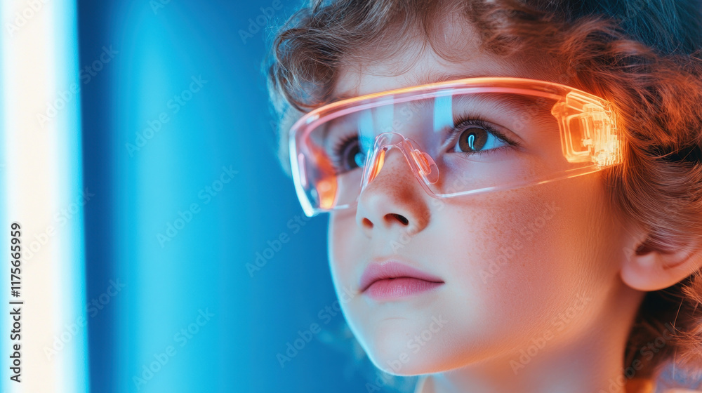 Young Caucasian Boy in Futuristic Augmented Reality Glasses