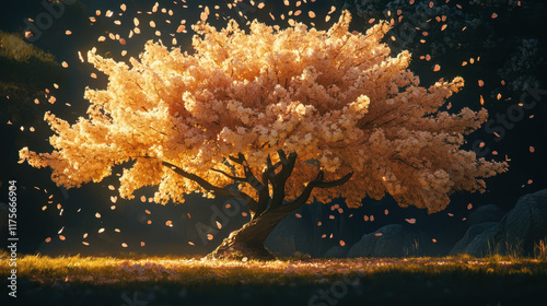 Sunlit cherry blossoms drift gently in breeze.