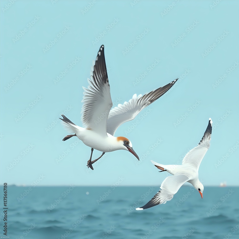 Two seagulls are captured in mid-flight over a serene blue ocean, their wings spread wide against a clear sky. Two seagulls are captured in mid-flight over a serene blue ocean, their wings spread wide against a clear sky.
