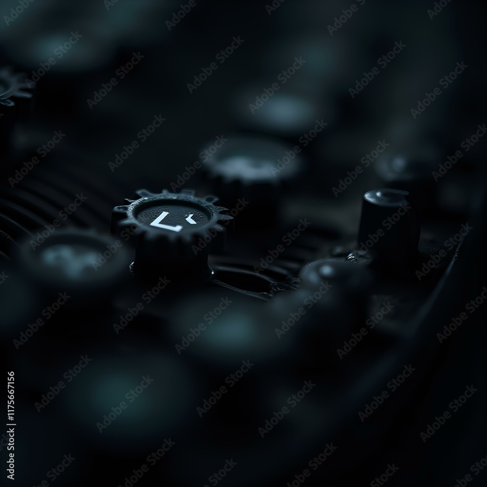 A close-up of a dark mechanical device with various knobs and gears, creating a moody, black-and-white aesthetic.