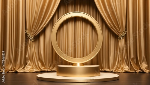 Small single golden circular podium on a luxurious silk curtain background