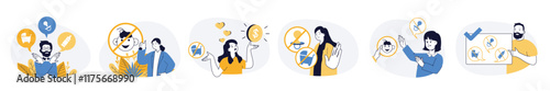 Childfree by choice concept set in flat web design. Collection with people make decision not to have children and develop career, thinking lifestyle options. Vector illustrations on white background.