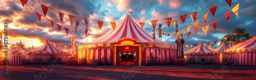 Circus tent at sunset, vibrant red and gold colors, colorful pennant flags, dramatic sky, glowing lights, nostalgic atmosphere, whimsical fairground, magical evening, retro carnival, panoramic view
