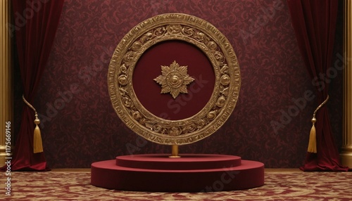Small single maroon circular podium on a regal tapestry backdrop