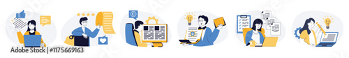 Copywriter concept set in flat web design. Collection with people working as online journalists, writing articles and information posts in social media. Vector illustrations on white background.
