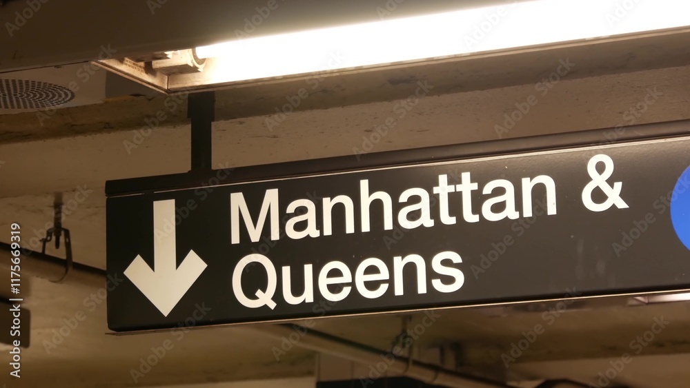 New York subway station interior, Manhattan text sign. Underground metropolitan. United States metro transport navigation. Information signage public passenger railway. Downtown and Queens direction. New York subway station interior, Manhattan text sign. Underground metropolitan. United States metro transport navigation. Information signage public passenger railway. Downtown and Queens direction.