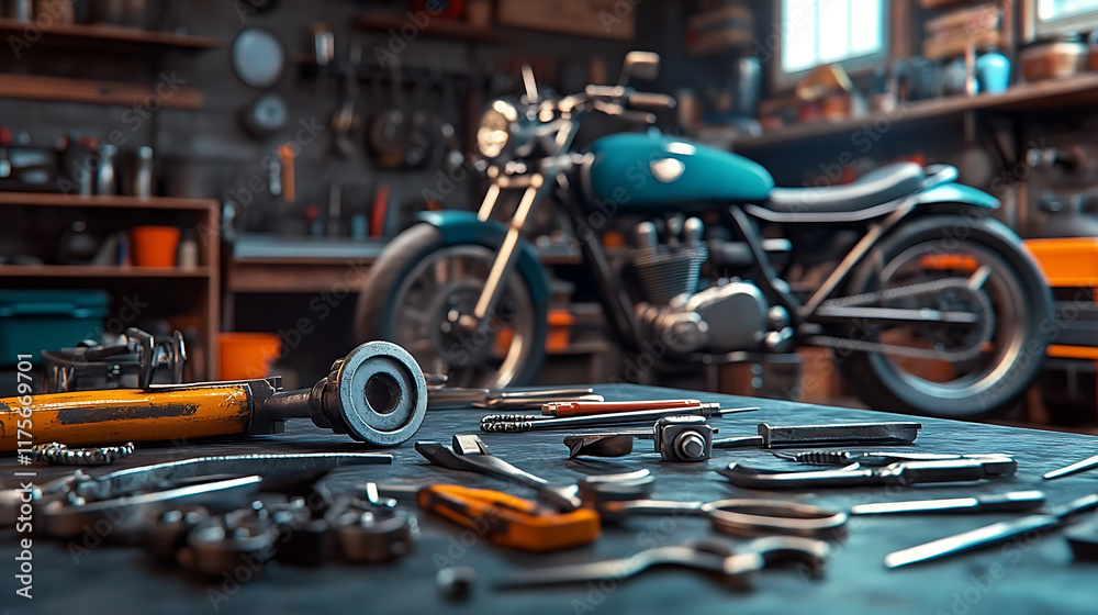 Fototapeta premium Mechanic's workshop with various tools and motorcycle in background