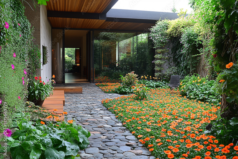 Obraz premium Modern Home Courtyard Garden With Orange Flowers And Stone Path