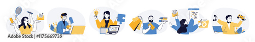 Multitasking work concept set in flat web design. Collection with people doing different tasks in same time, calling, earning, playing and doing projects. Vector illustrations on white background.