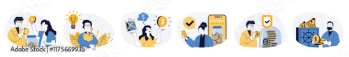 Saving money concept set in flat web design. Collection with people planning budget, managing finance, investing, doing deposit for future and getting profit. Vector illustrations on white background.