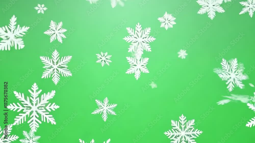 Falling snow isolated on green background. Snowflakes animation on green screen. Animated winter snow motion graphic effect on chroma key. Christmas holiday design element. Snowfall. 4K footage