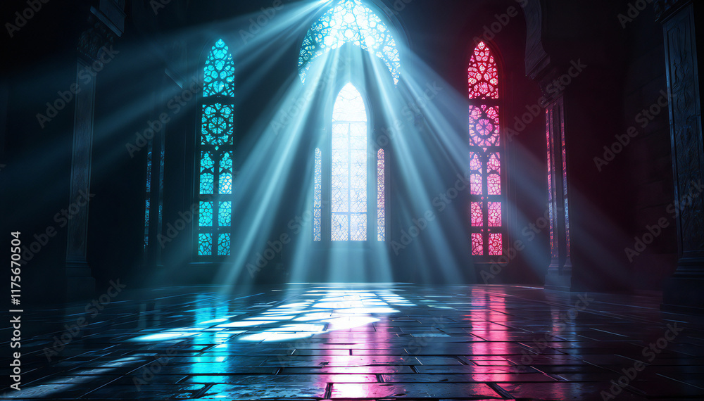 Naklejka premium A dimly lit interior space featuring tall, ornate stained glass windows with blue and red hues. Light beams filter through the windows, creating dramatic shadows on the polished floor . The atmospher.