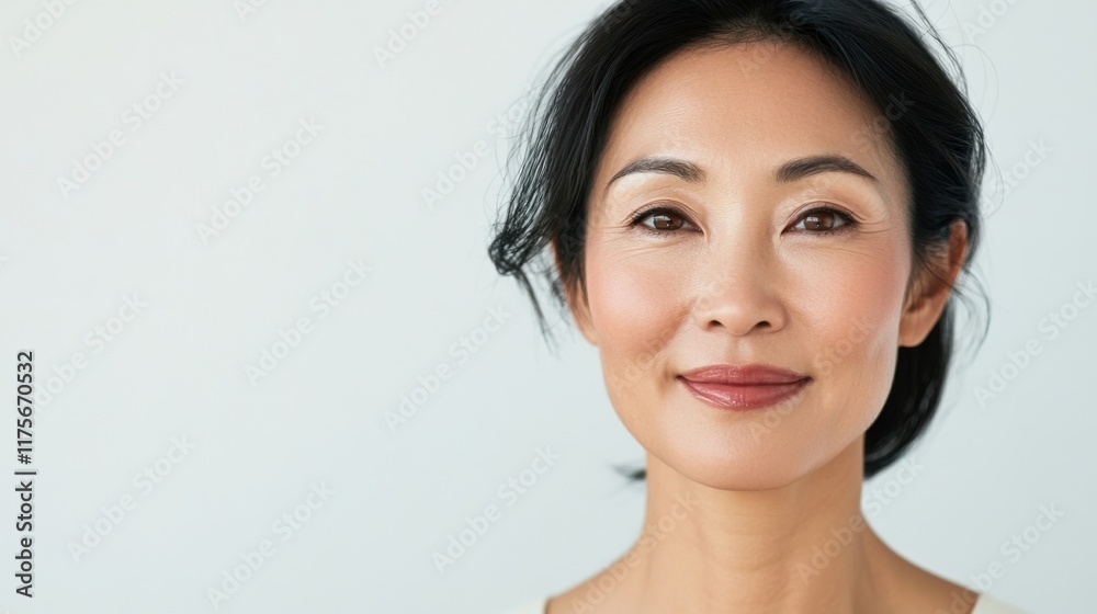 Middle-aged Asian woman with a calm, radiant smile, her luminous skin emphasized against a simple, light background, perfect for skincare themes. Middle-aged Asian woman with a calm, radiant smile, her luminous skin emphasized against a simple, light background, perfect for skincare themes.