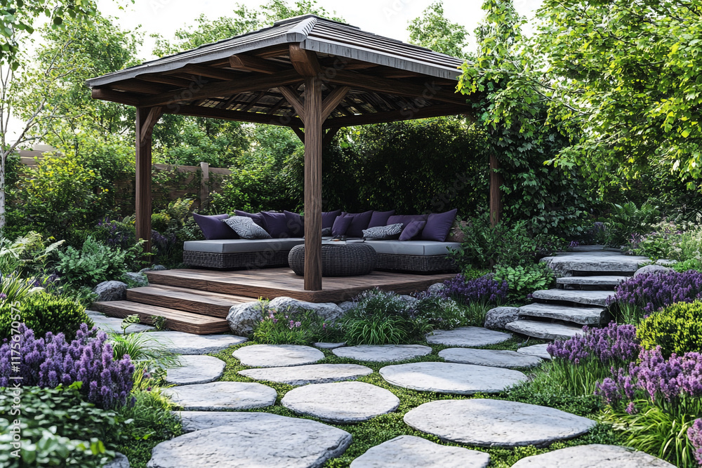 Serene Garden Pavilion With Stone Path And Lavender Serene Garden Pavilion With Stone Path And Lavender