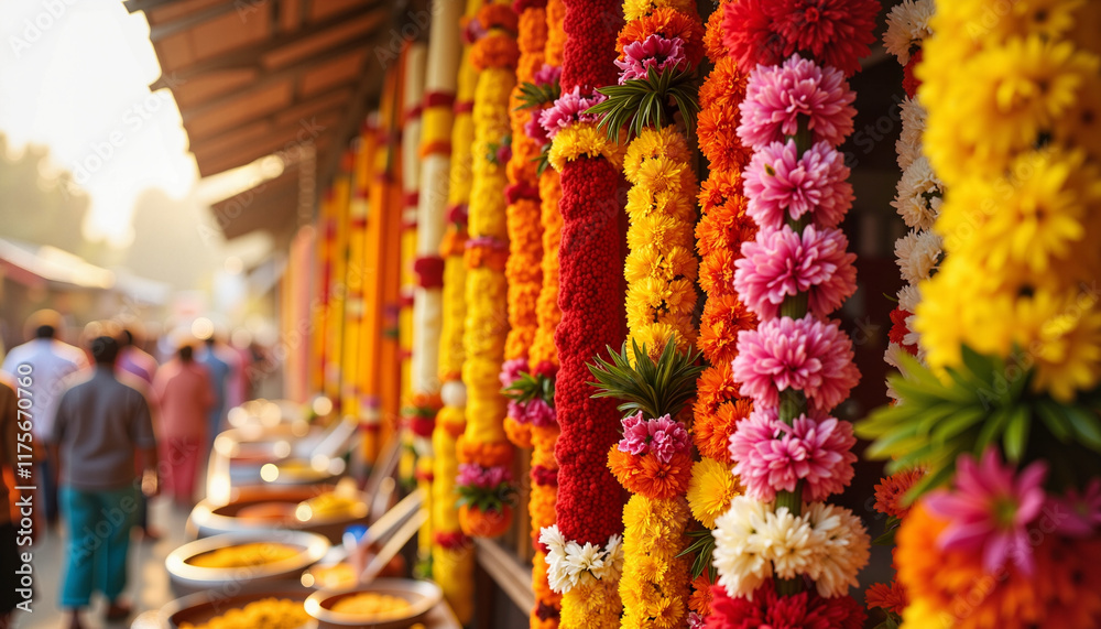 Fototapeta premium Vibrant Ugadi flower garlands in bustling marketplace, cultural celebration