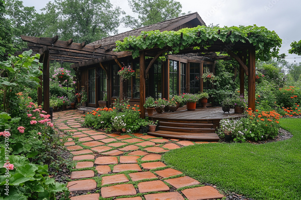 Wooden Cabin Garden With Stone Path And Pergola Wooden Cabin Garden With Stone Path And Pergola