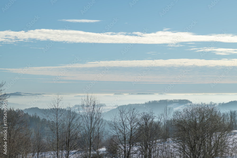 Blue winter day with inversion in valleys near Roprachtice village