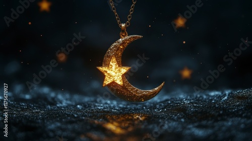 Glowing crescent moon and star pendant necklace on dark background. photo